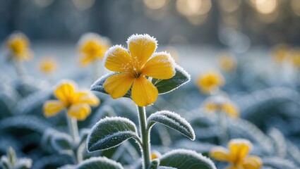 Wall Mural - Yellow flower adorned with white frost in soft bokeh background capturing the serene beauty of nature in Thailand's winter landscape.