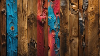 Wall Mural - colorful wooden wall texture showcasing natural growth rings and patterns with vibrant blue and red 