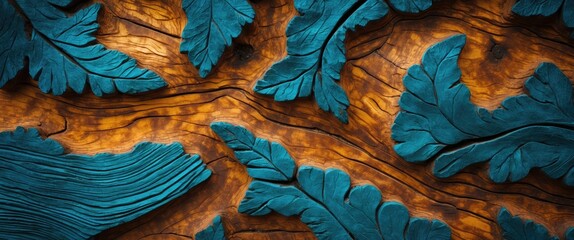 Wall Mural - textured wooden surface with intricate natural leaf patterns in rich brown and teal hues, perfect fo