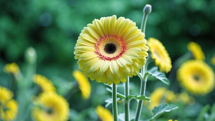 Wall Mural - close-up of a vibrant yellow gerbera flower in a summer garden with a blurred green background showc