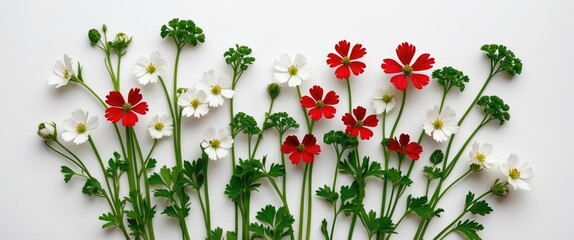 Wall Mural - bright white and red cow parsley flowers with lush foliage isolated on white background ideal for el