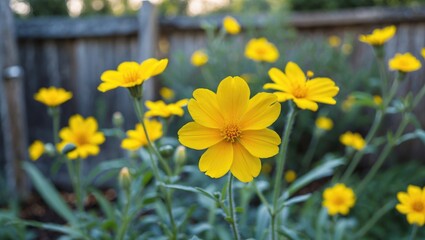 Wall Mural - vibrant yellow flowers in a garden setting with natural bokeh and space for text overlay