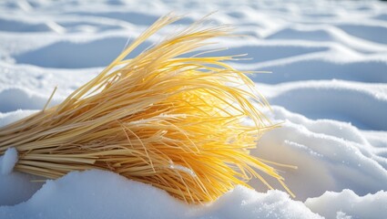Wall Mural - golden straw resting on a blanket of pristine white snow in a serene winter landscape showcasing con