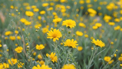 Wall Mural - Vibrant Yellow Flowers Blooming in a Lush Summer Meadow with Soft Focus Background Capturing Nature's Beauty and Serenity