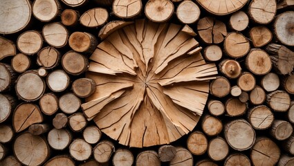 Wall Mural - natural wooden logs background showcasing diverse textures and patterns in a circular arrangement id