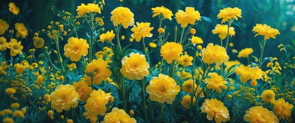 Wall Mural - Vibrant field of yellow flowers in full bloom surrounded by lush green foliage showcasing nature's beauty and vivid colors