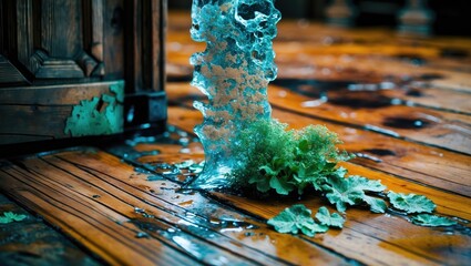 Wall Mural - moist wooden floor with water flow and lush green lichen creating a natural, rustic aesthetic in a s