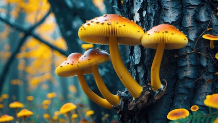 Wall Mural - vibrant yellow hydnoid polypore mushrooms with orange caps growing on a textured tree trunk in a ser