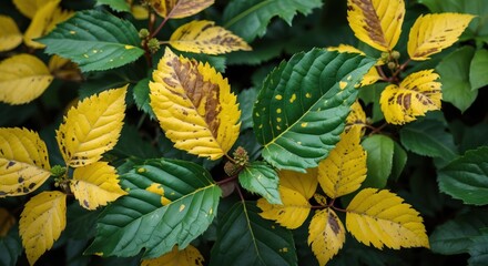 Wall Mural - vibrant foliage featuring yellow and green leaves with distinct brown spots showcasing the beauty of