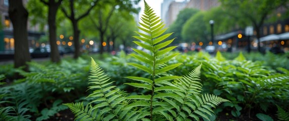 Wall Mural - vibrant young fern leaves thriving in a serene city park surrounded by lush greenery and soft ambien