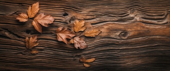 Wall Mural - wooden surface with natural patterns featuring dried leaves creating a warm and rustic atmosphere fo