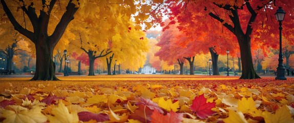 Wall Mural - vibrant autumn foliage with yellow, orange, and red leaves in a serene park setting showcasing natur