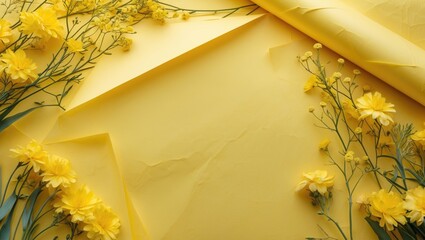 Wall Mural - vibrant yellow paper background adorned with delicate yellow flowers and greenery for creative desig