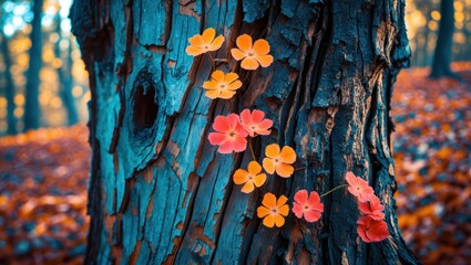Wall Mural - textured tree bark adorned with colorful flowers in a vibrant forest setting showcasing nature's bea
