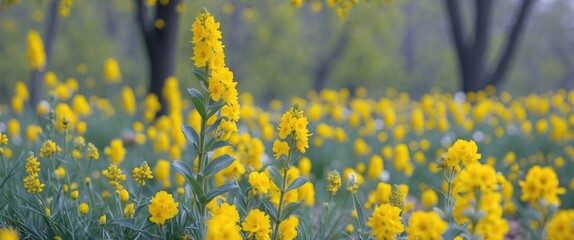 Wall Mural - Vibrant Yellow Wildflowers Blooming in Spring Landscape Under Soft Natural Light