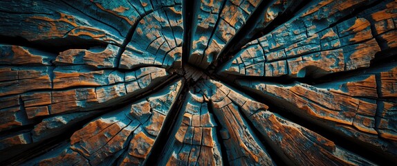 Wall Mural - close-up of an aged wooden stump texture showcasing intricate cracks and vibrant colors for a rustic