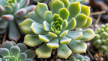Wall Mural - Close-Up of Vibrant Green Succulent Plant with Unique Leaf Structure in Natural Light