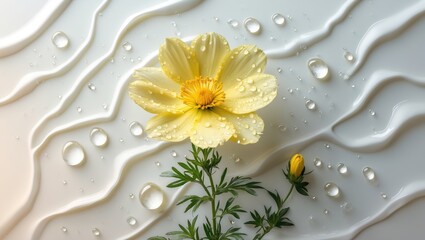 Wall Mural - Yellow Cosmos Flower with Dew Drops on a Soft White Background Creating a Fresh and Vibrant Atmosphere for Design and Nature Themes