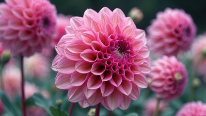 Wall Mural - Close-up view of delicate pink dahlia petals showcasing intricate layers against a softly blurred green background. Perfect for floral themes.