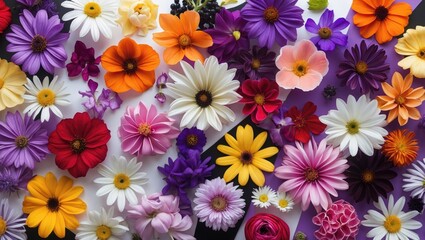 Wall Mural - colorful floral arrangement with yellow, orange, purple, red, pink, and white flowers on a contrasti