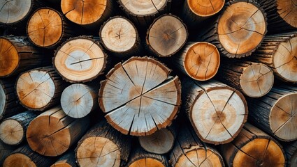 Wall Mural - natural wooden logs textured background with various rings and colors in top view flat lay compositi