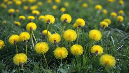 Wall Mural - Vibrant Yellow Dandelions Blooming Amidst Lush Green Grass Under Bright Natural Light