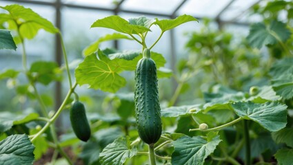 Wall Mural - vibrant green cucumber plant growing in a garden oasis nurtured by natural light and rich soil