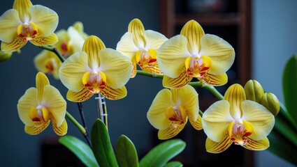 Wall Mural - vibrant yellow phalaenopsis orchids in bloom with lush green leaves and soft focus background for de