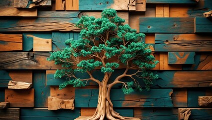 Wall Mural - textured wooden background with a vibrant tree sculpture surrounded by different wood pieces, ideal 