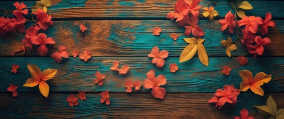 Wall Mural - flower accents on wooden plank background for vibrant floral design and decoration concepts