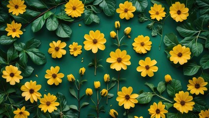 Wall Mural - vibrant yellow flowers surrounded by lush green leaves creating a fresh and natural springtime atmos