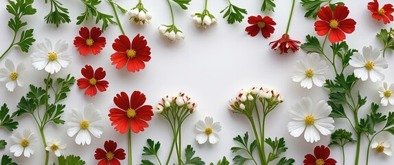 Wall Mural - floral arrangement of red and white cow parsley flowers with fresh foliage on white background for c