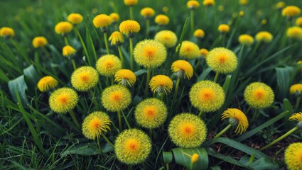 Wall Mural - Bright Yellow Dandelions Flourishing in Lush Green Grass Under Natural Light
