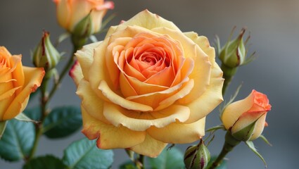 Wall Mural - stunning yellow and orange rose bloom with buds and space for text layout in background for floral d