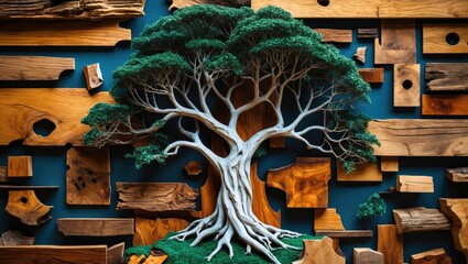 Wall Mural - artistic wooden background with an intricate tree design made of various wood pieces showcasing text