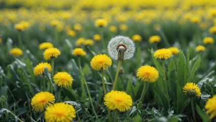 Wall Mural - Vibrant Yellow Dandelions in Lush Green Field with Blooming Flowers and Seed Head Against Fresh Natural Background