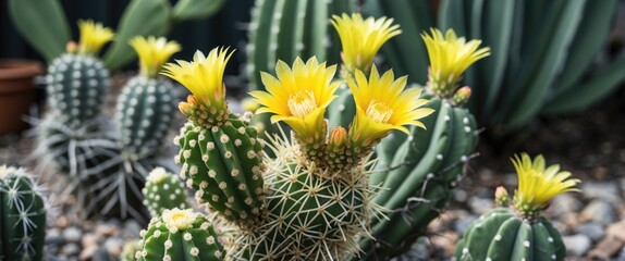 Wall Mural - vibrant yellow cactus flowers blooming in a garden setting with space for text overlay