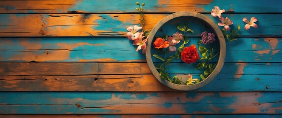 Wall Mural - colorful wooden wall with circular floral arrangement highlighting vibrant hues and rustic charm, id