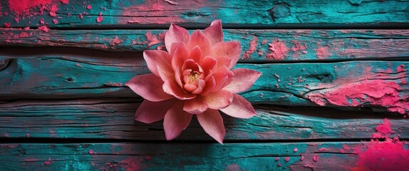 Wall Mural - vibrant floral composition on aged wooden texture background with colorful scattered powder creating