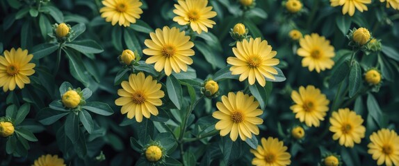 Wall Mural - vibrant yellow flowers against lush green foliage with blank space for custom text design and nature