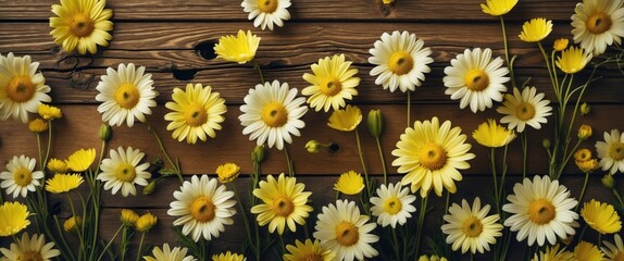 Wall Mural - vibrant yellow daisies and spring flowers arranged beautifully on a rustic wooden surface, capturing
