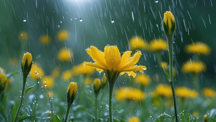Wall Mural - vibrant yellow flowers glistening with raindrops in a lush green field after a refreshing light rain