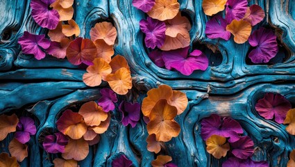 Wall Mural - vibrant floral arrangement on textured blue wood background creating an artistic natural composition