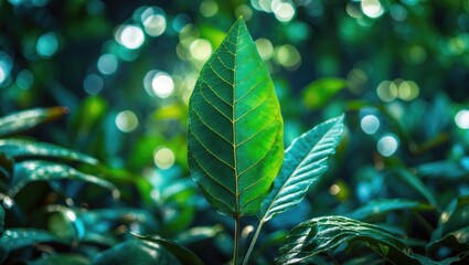 Wall Mural - Detailed close-up of a young teak leaf with intricate texture set against a blurred green background highlighting natural beauty and freshness.