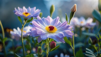 Wall Mural - captivating blooming flower in soft morning light with buds in background creating a serene garden a
