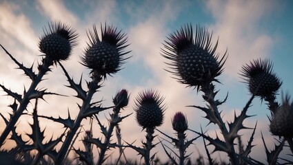 Wall Mural - Worm's-eye view of dried thistle plants silhouetted against a soft cloudy sky emphasizing sharp spikes and natural textures in warm sunlight.