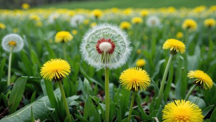 Wall Mural - Dandelion Flowers in Bloom on a Sunny Spring Day with Lush Green Field and Close-Up Detail of Yellow and White Blossoms