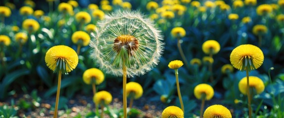 Wall Mural - Vibrant yellow dandelions in a lush garden setting showcasing blooming flowers and a fluffy seed head in the foreground.