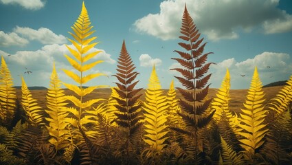 Wall Mural - vibrant yellow and brown ferns swaying gracefully in the wind against a scenic sky and rolling lands