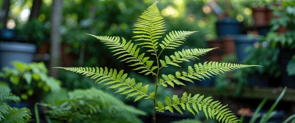 Wall Mural - Vibrant Young Fern Shoot Growing in Lush Garden Setting with Blurred Background of Potted Plants